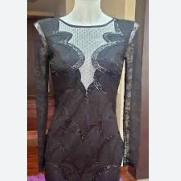 Express sexy black sequin sheer lace long sleeve dress sz2 backless dress NWOT - Picture 6 of 12
